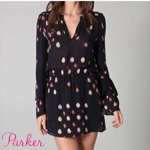 Parker Long Bell Sleeve Button Bodice Silk Navy Mini Dress size Small